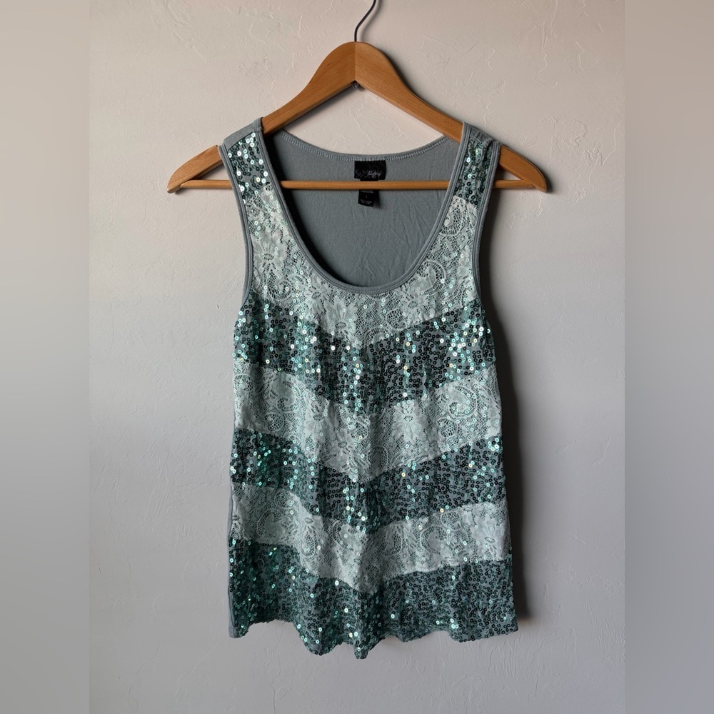 Y2K Daytrip Blue and Silver Sequin Tank Top Cami Glam Sassy Womens Size Large